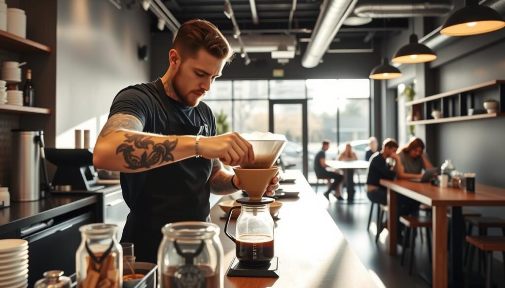 Barista preparing specialty coffee at Industry Beans in Melbourne Barista preparing specialty coffee at Industry Beans in Melbourne