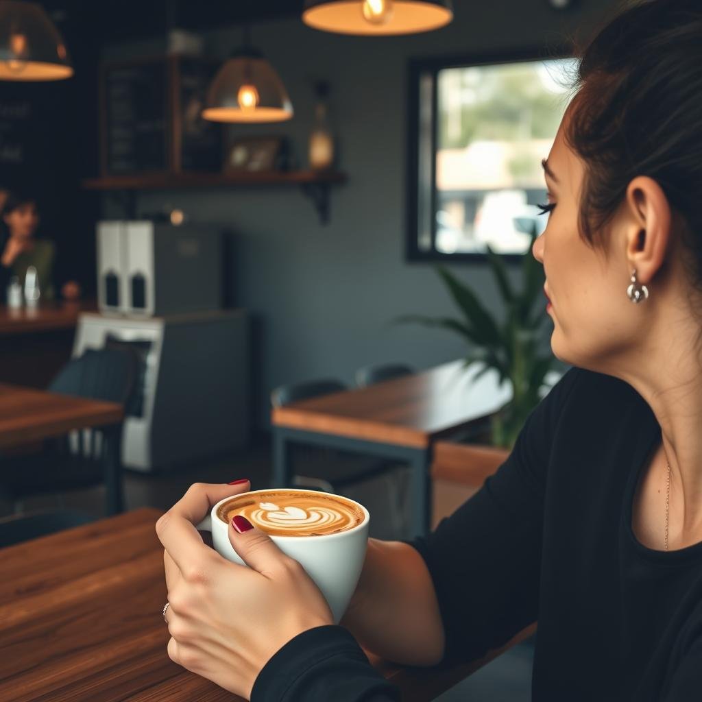 Customer enjoying coffee at cafe with Instagram tag