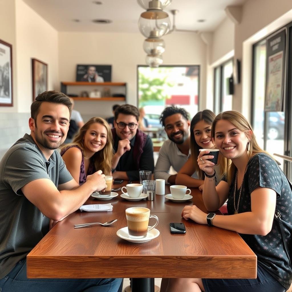 Group of friends at cafe table tagged on social media