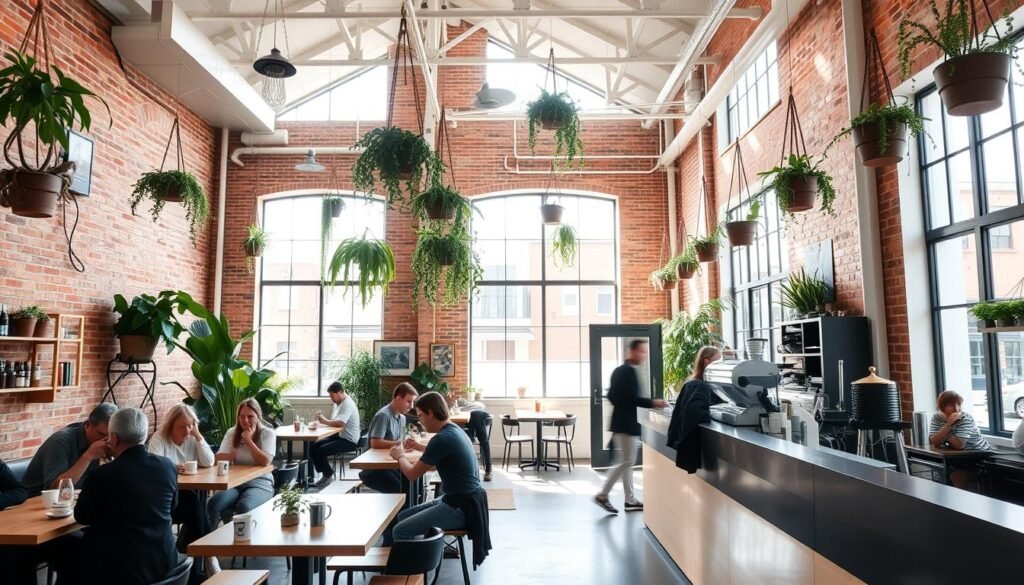 Interior of Higher Ground cafe in Melbourne with high ceilings and plants Interior of Higher Ground cafe in Melbourne with high ceilings and plants