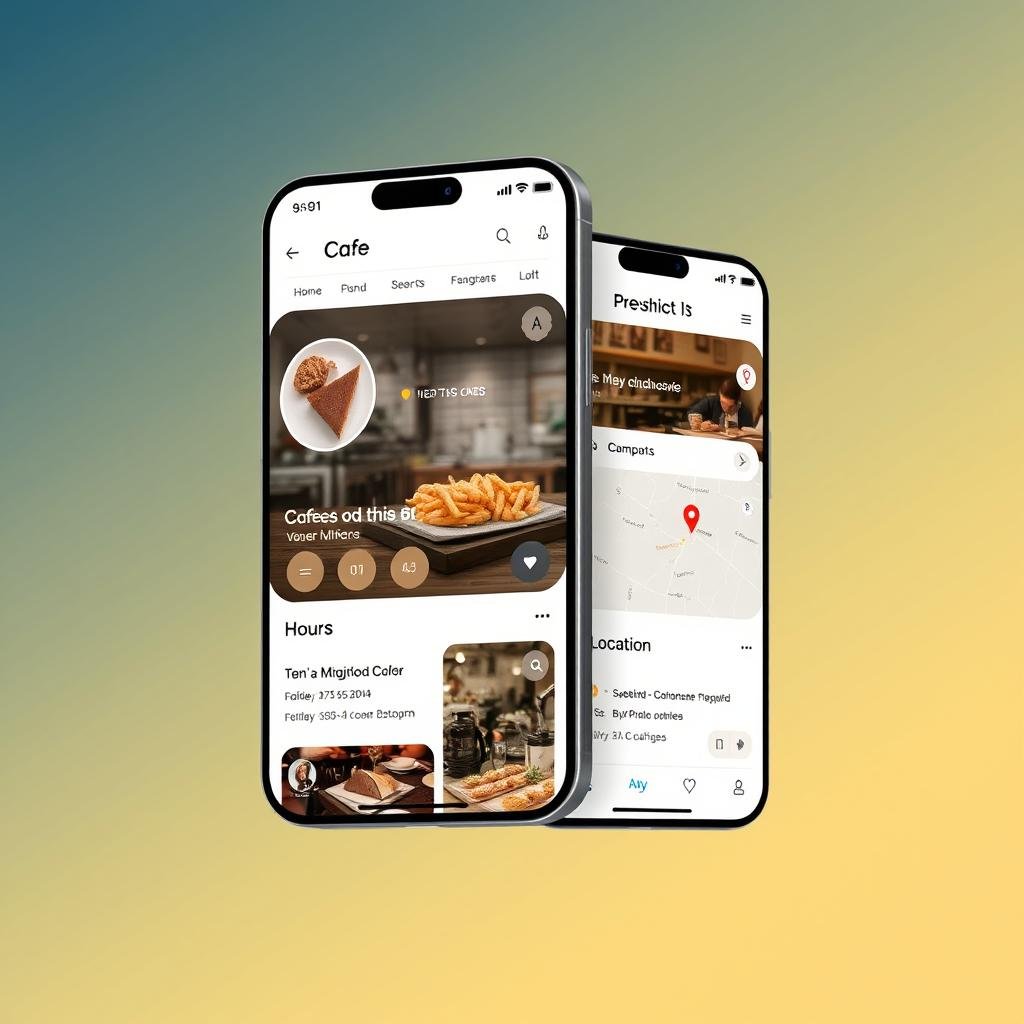Mobile interface showing progressive disclosure of cafe information Mobile interface showing progressive disclosure of cafe information