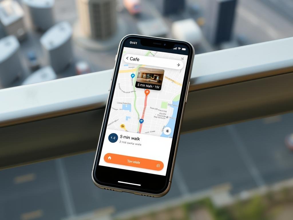 Mobile screen showing cafe map with walking directions and time estimate Mobile screen showing cafe map with walking directions and time estimate