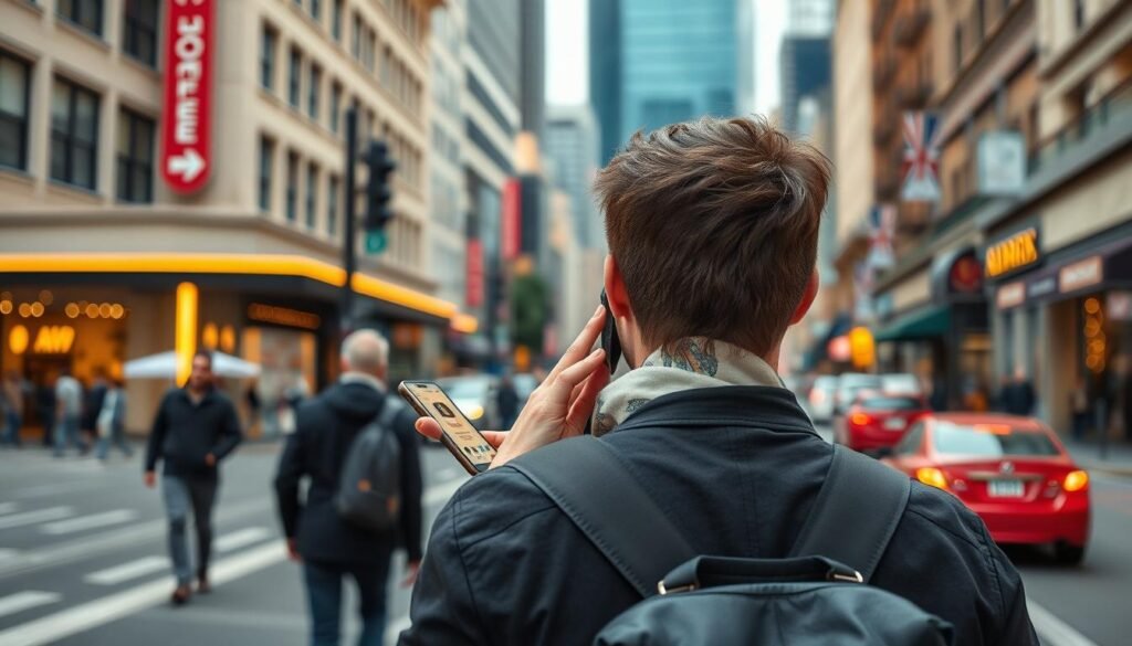 Person searching for cafes near me on a smartphone while walking on a city street