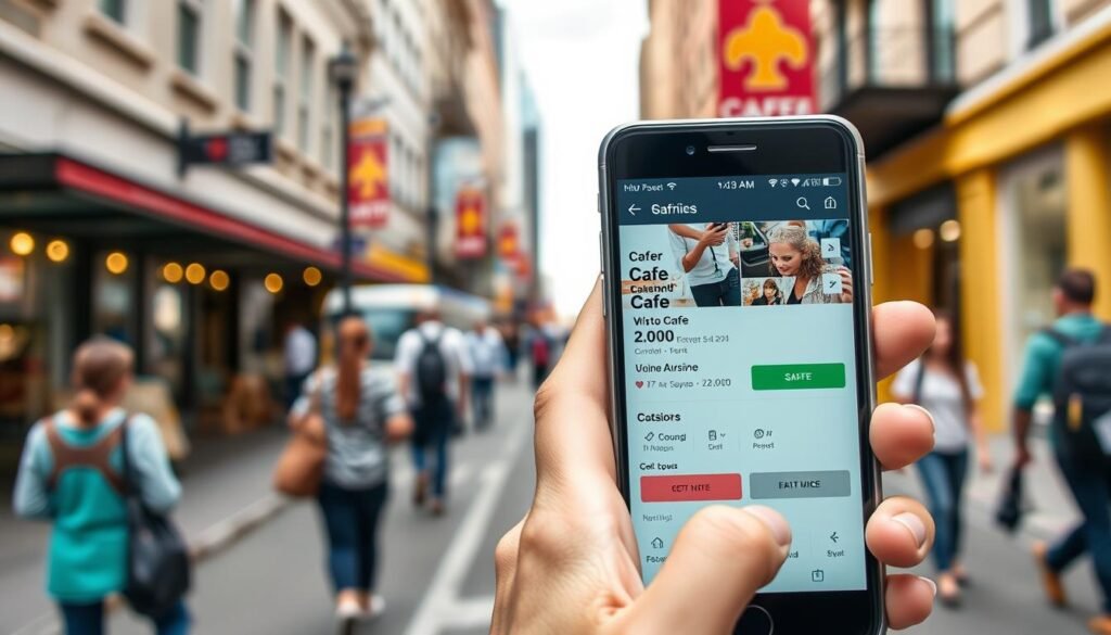 Person using mobile phone to find cafes while walking on street Person using mobile phone to find cafes while walking on street