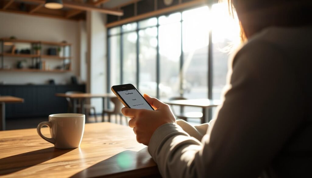 Person using mobile phone to search for cafes near me in Australia