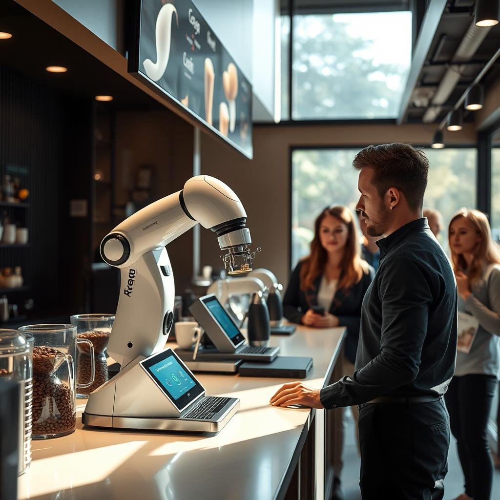 Robot barista preparing coffee in a modern cafe Robot barista preparing coffee in a modern cafe