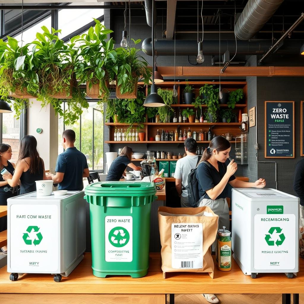 Zero-waste cafe with compostable packaging and recycling stations Zero-waste cafe with compostable packaging and recycling stations